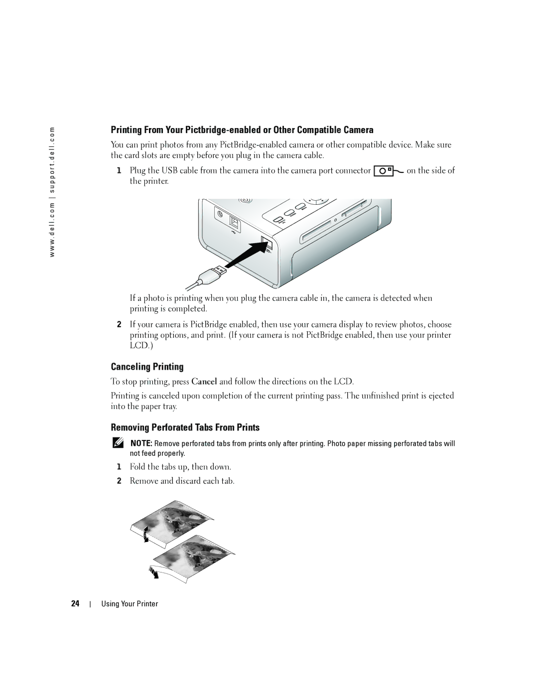 Dell 4J1412 owner manual Canceling Printing, Removing Perforated Tabs From Prints 