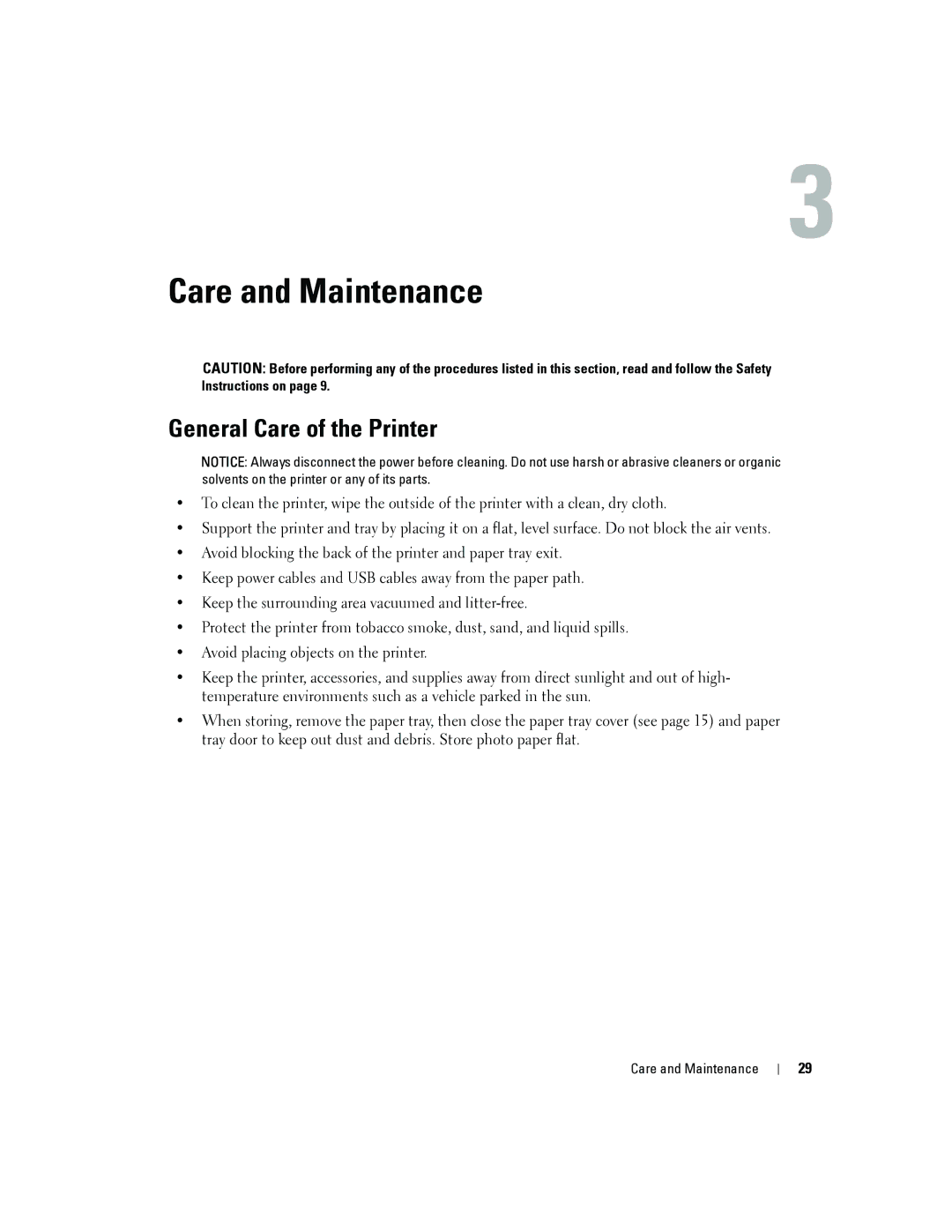 Dell 4J1412 owner manual Care and Maintenance, General Care of the Printer 