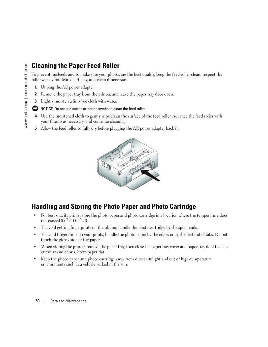 Dell 4J1412 owner manual Cleaning the Paper Feed Roller, Handling and Storing the Photo Paper and Photo Cartridge 