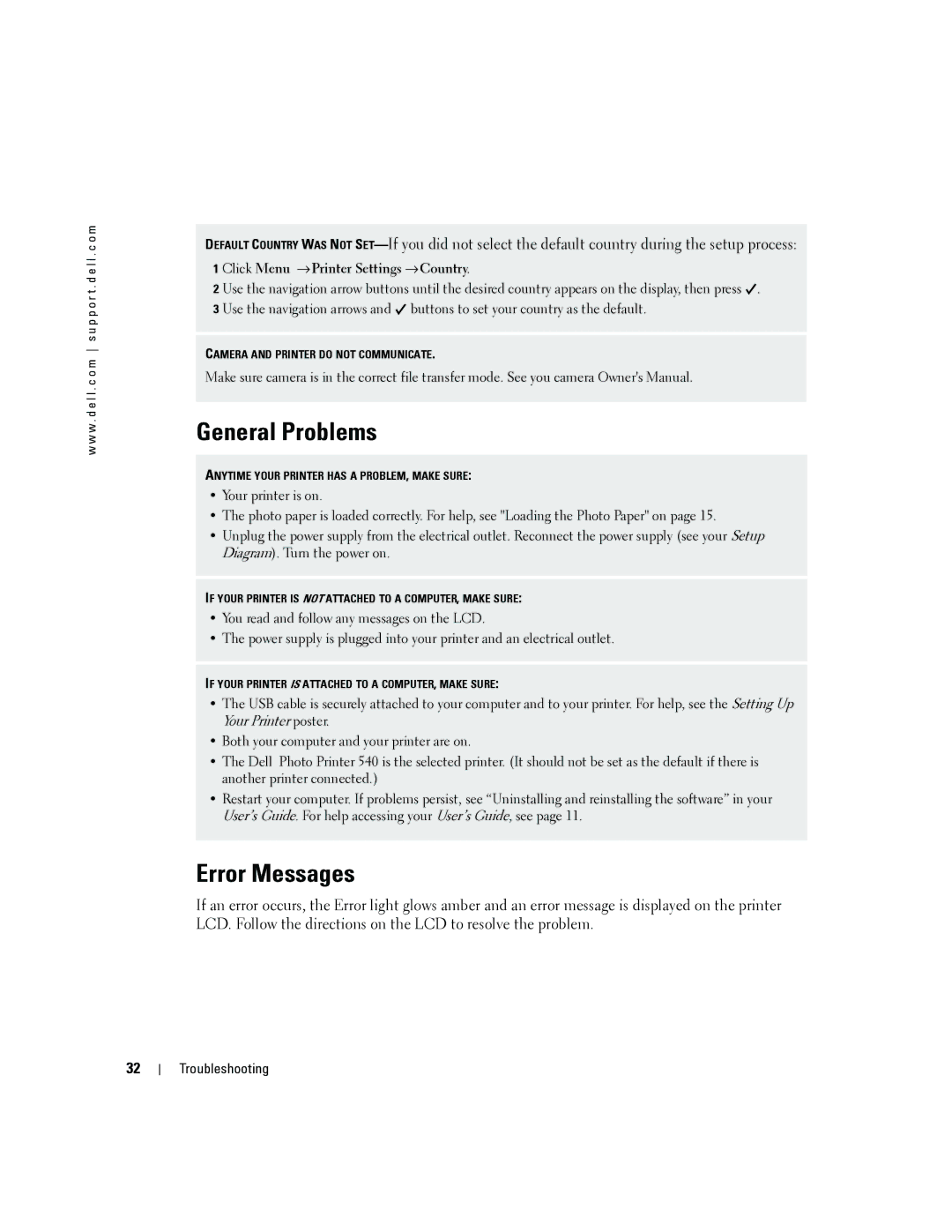 Dell 4J1412 owner manual General Problems, Error Messages, Click Menu → Printer Settings → Country 