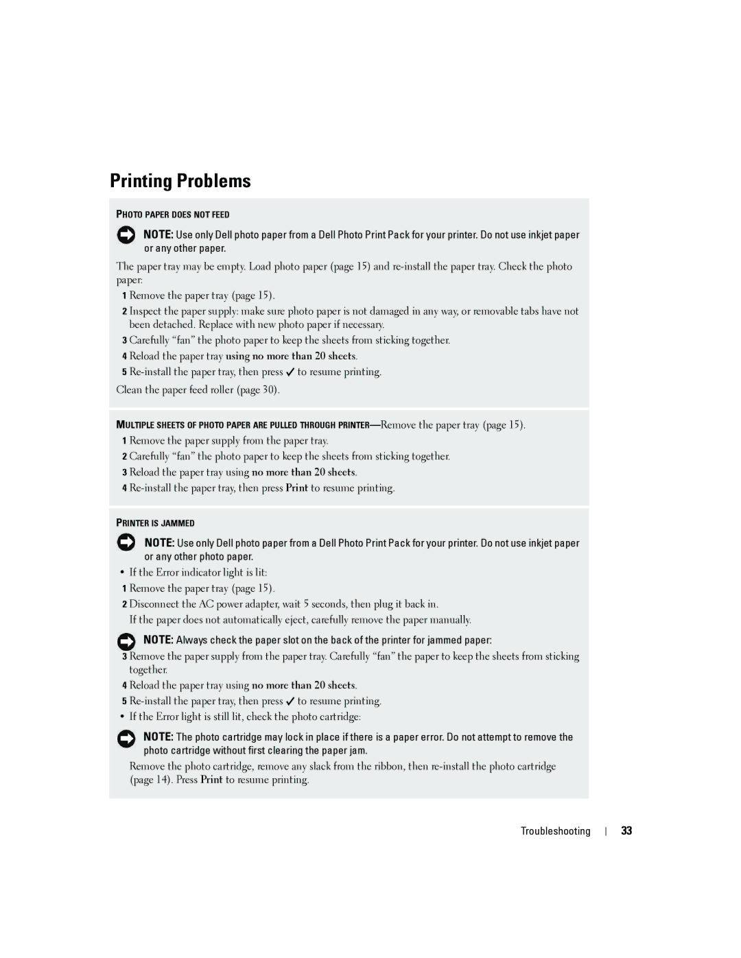 Dell 4J1412 owner manual Printing Problems, Reload the paper tray using no more than 20 sheets 