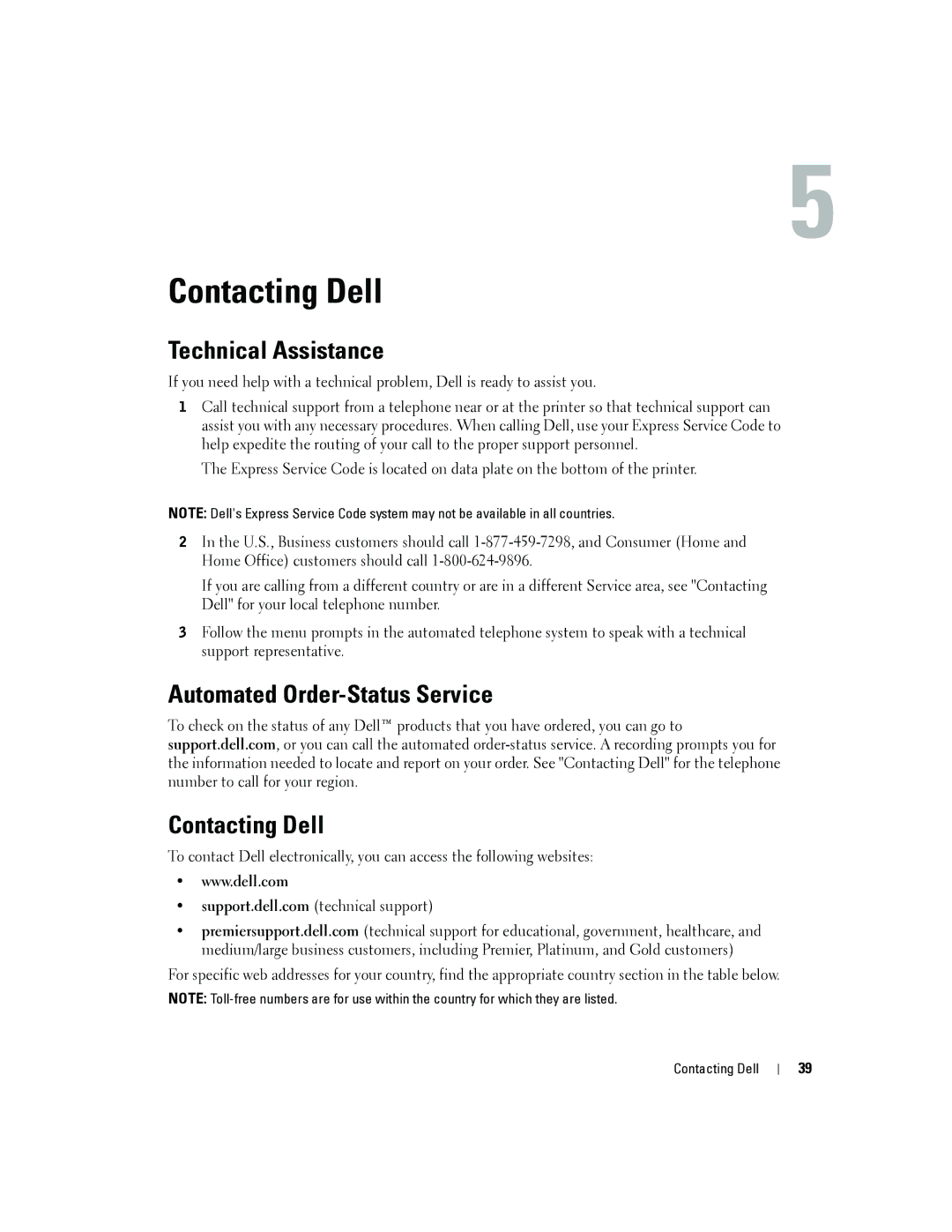 Dell 4J1412 owner manual Contacting Dell, Technical Assistance, Automated Order-Status Service 