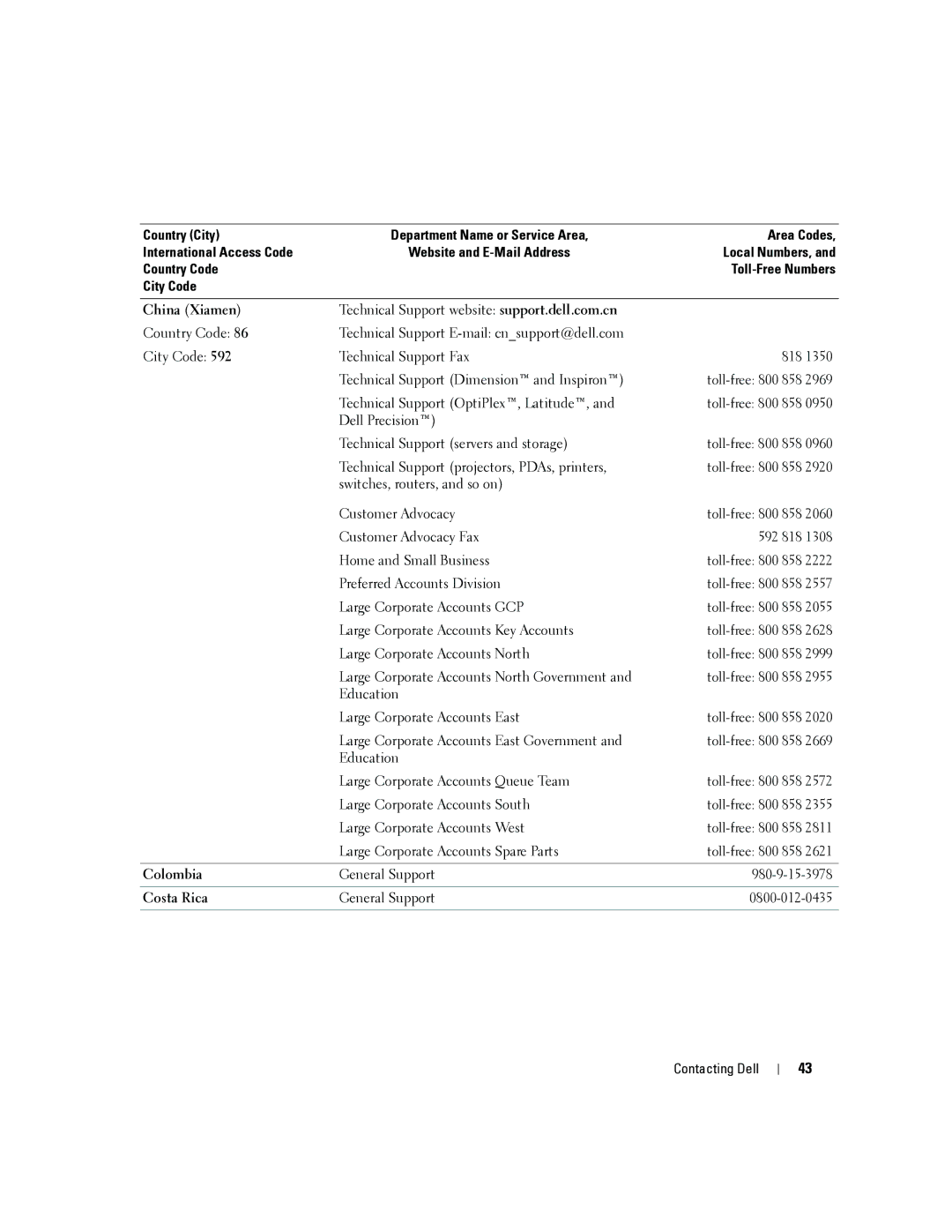 Dell 4J1412 owner manual China Xiamen, Colombia, Costa Rica 