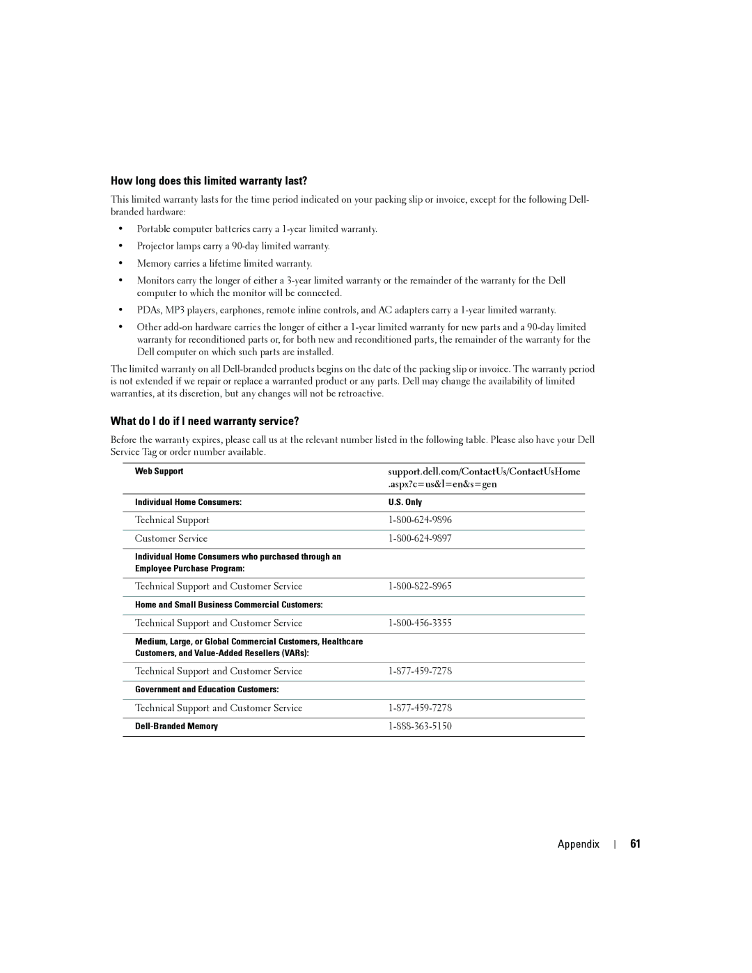 Dell 4J1412 owner manual How long does this limited warranty last?, What do I do if I need warranty service? 