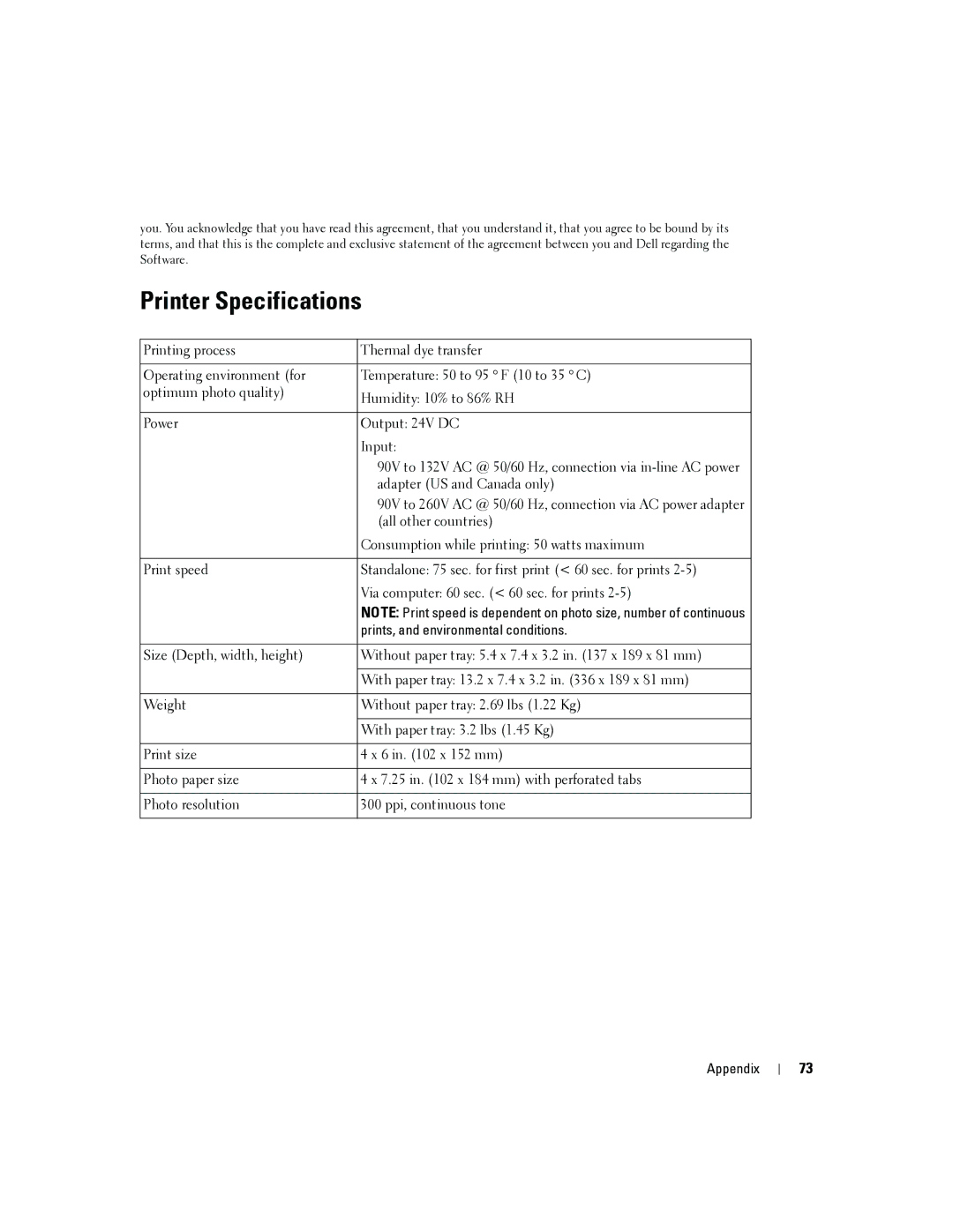 Dell 4J1412 owner manual Printer Specifications, Prints, and environmental conditions 