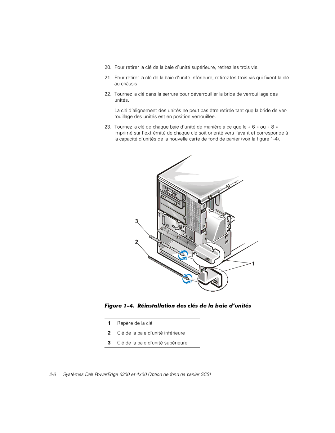 Dell 4x00, 6300 manual Réinstallation des clés de la baie d’unités 