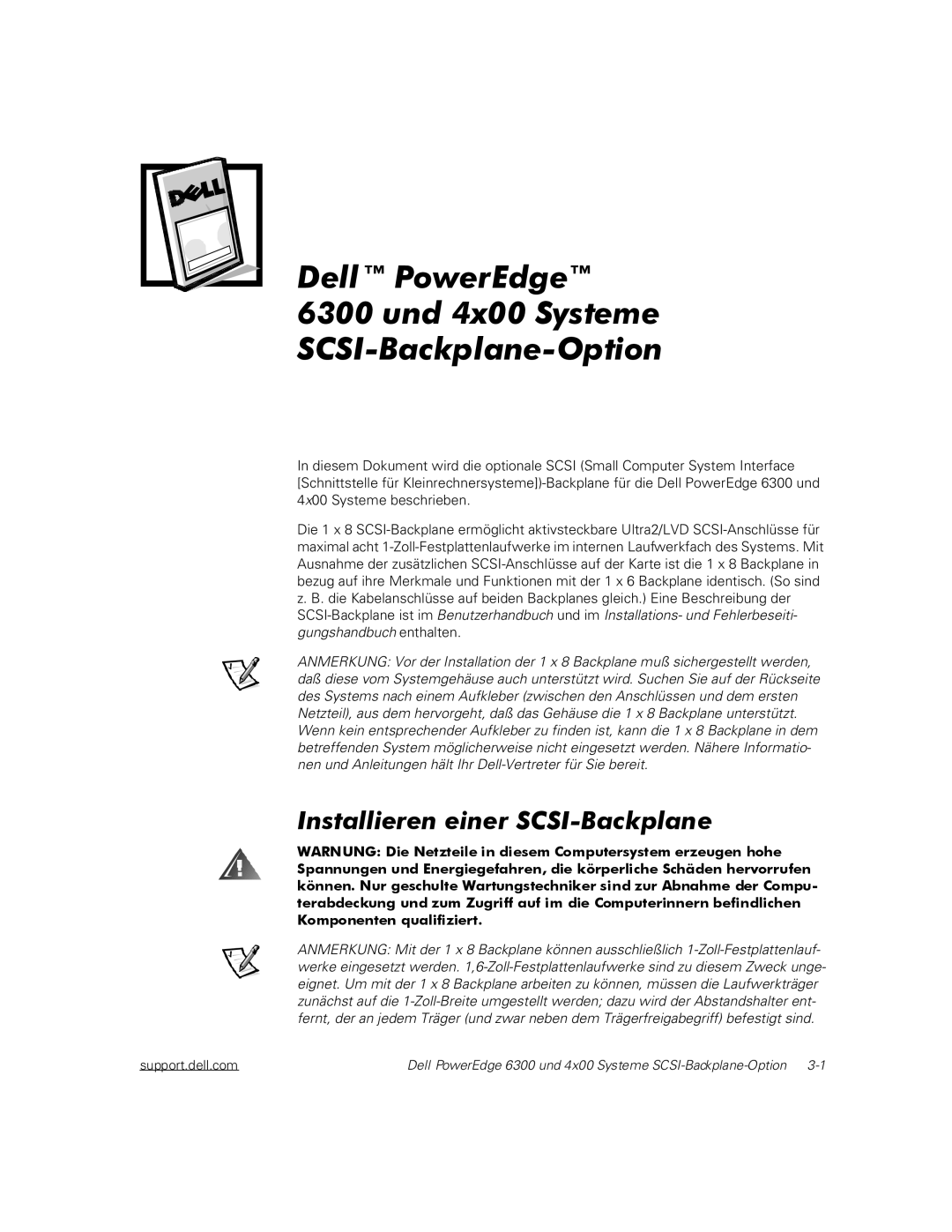 Dell manual Dell PowerEdge 6300 und 4x00 Systeme SCSI-Backplane-Option 