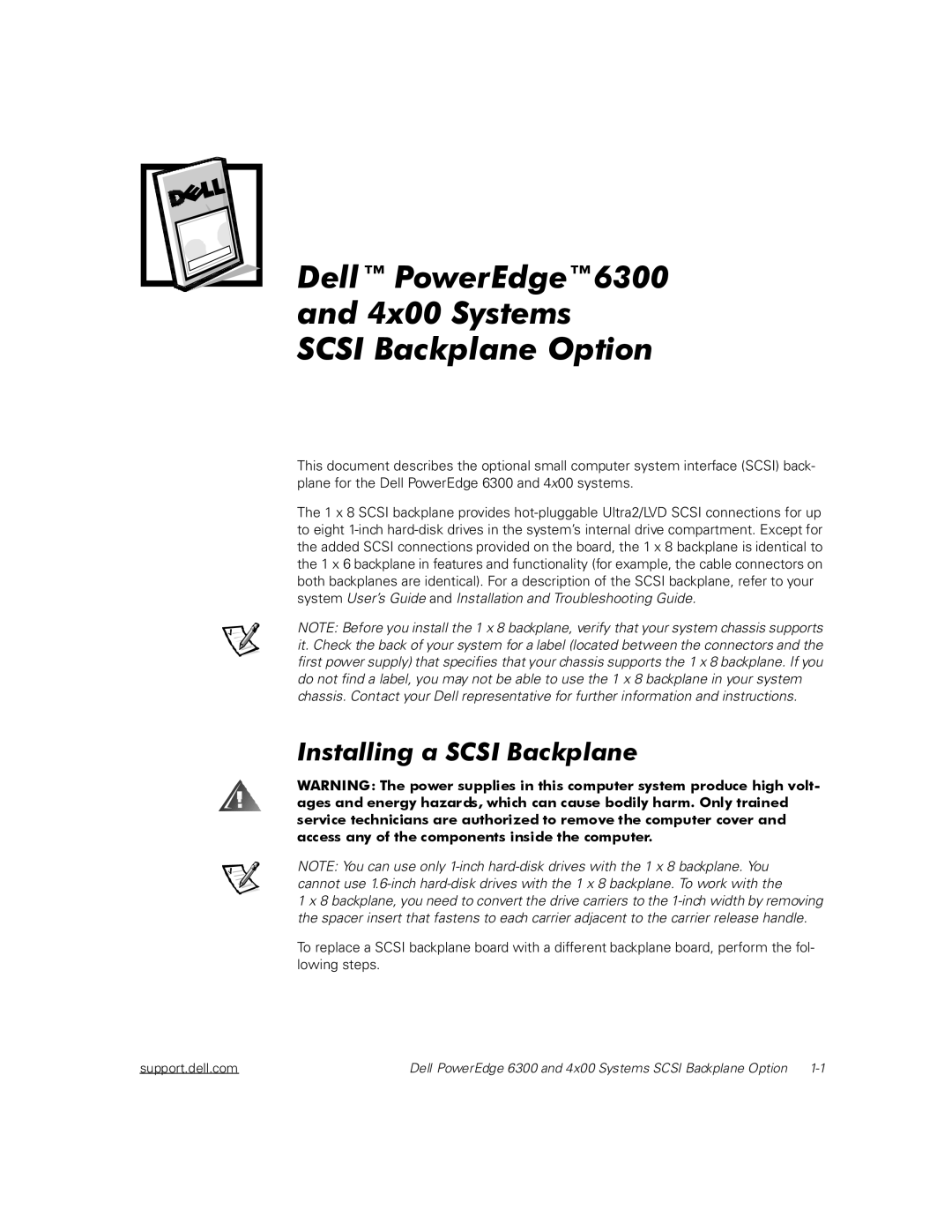 Dell manual Dell PowerEdge6300 4x00 Systems Scsi Backplane Option 