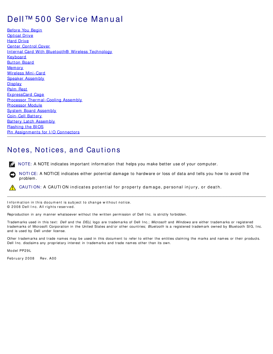 Dell 500 service manual Model PP29L February 2008 Rev. A00 