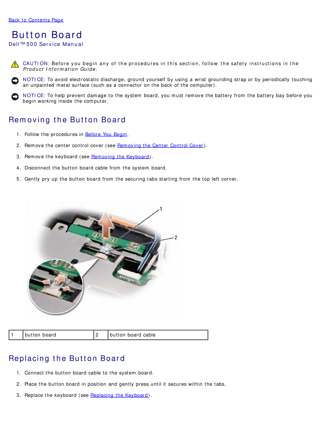 Dell 500 service manual Removing the Button Board, Replacing the Button Board 