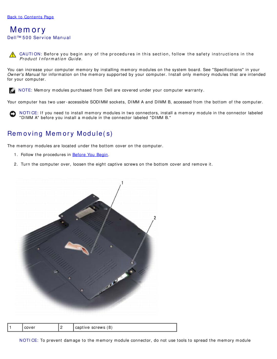 Dell 500 service manual Removing Memory Modules 