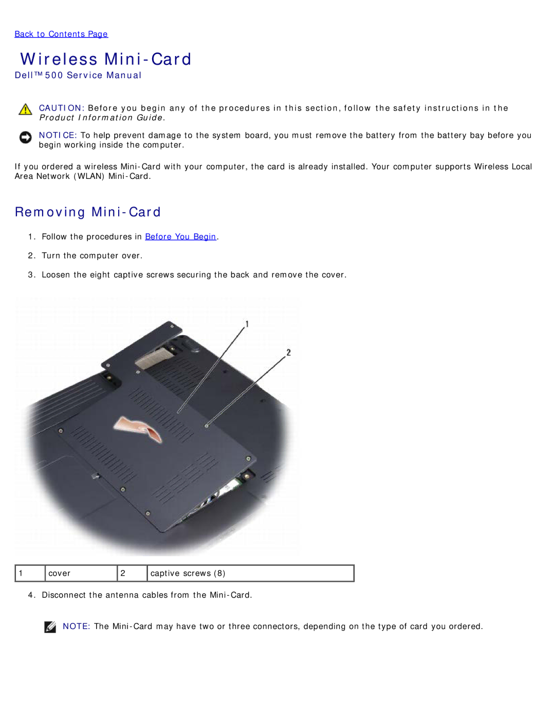 Dell 500 service manual Wireless Mini-Card, Removing Mini-Card 