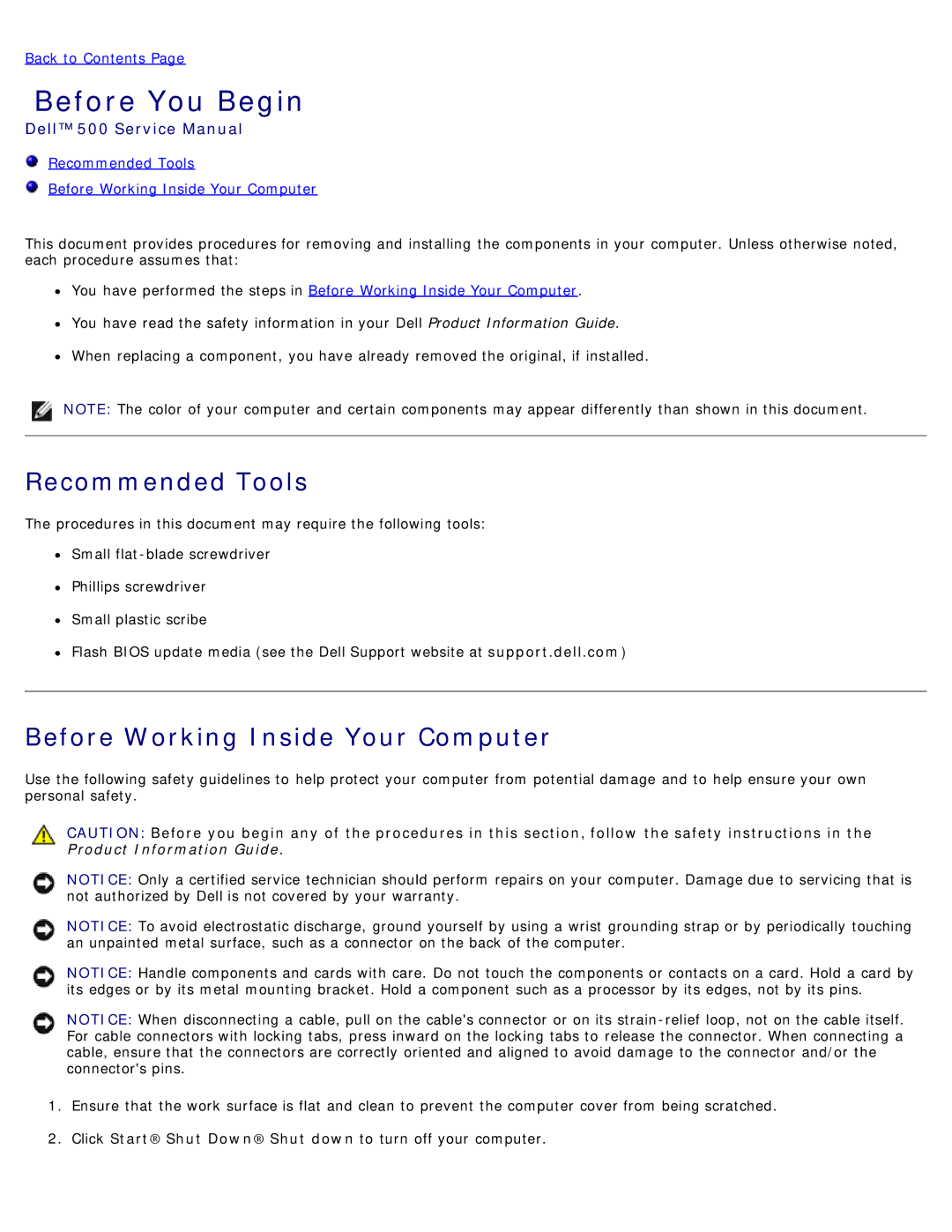 Dell 500 service manual Before You Begin, Recommended Tools Before Working Inside Your Computer 