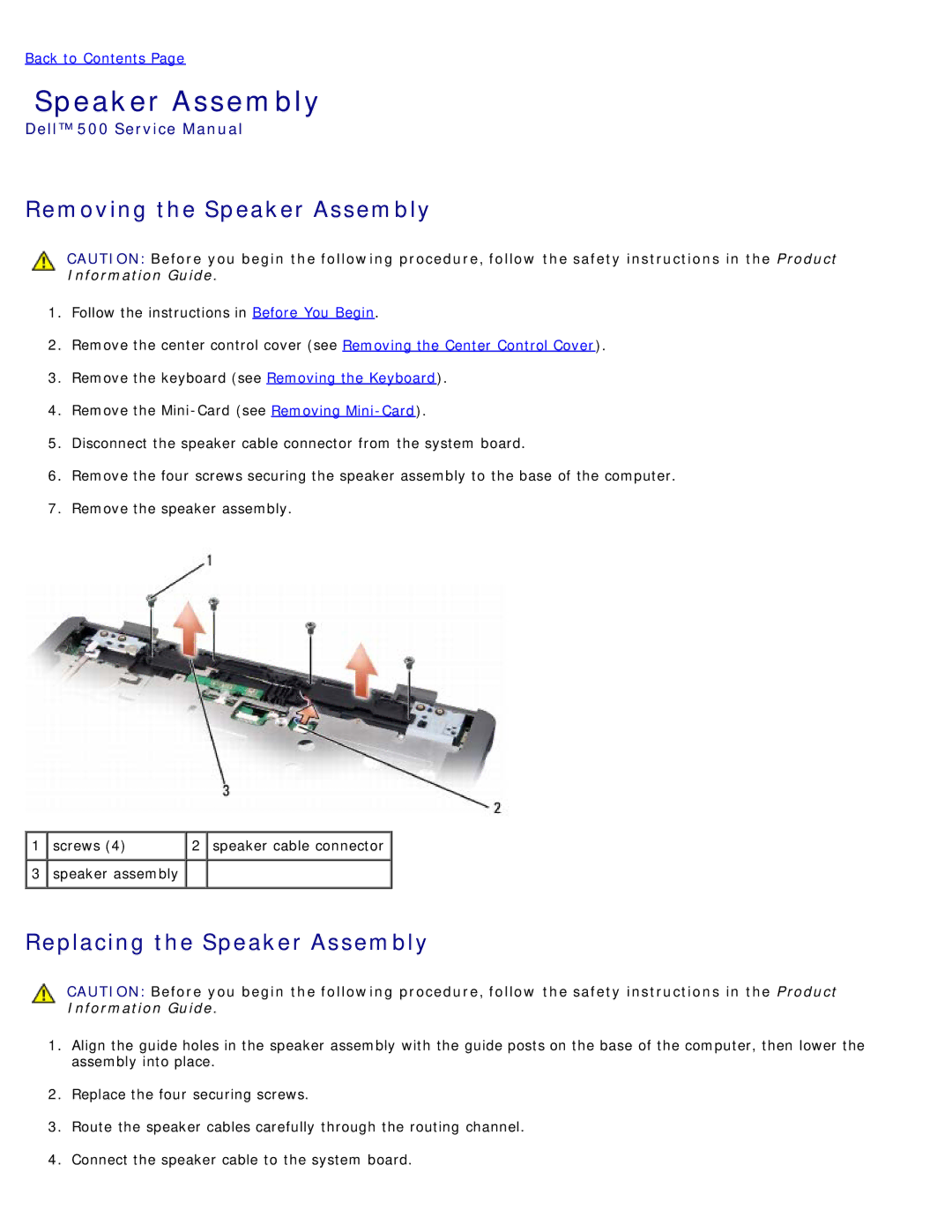 Dell 500 service manual Removing the Speaker Assembly, Replacing the Speaker Assembly 