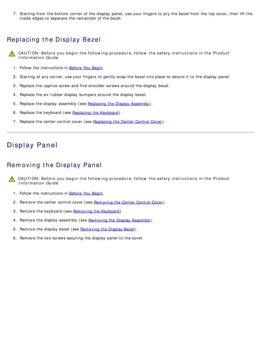 Dell 500 service manual Replacing the Display Bezel, Removing the Display Panel 