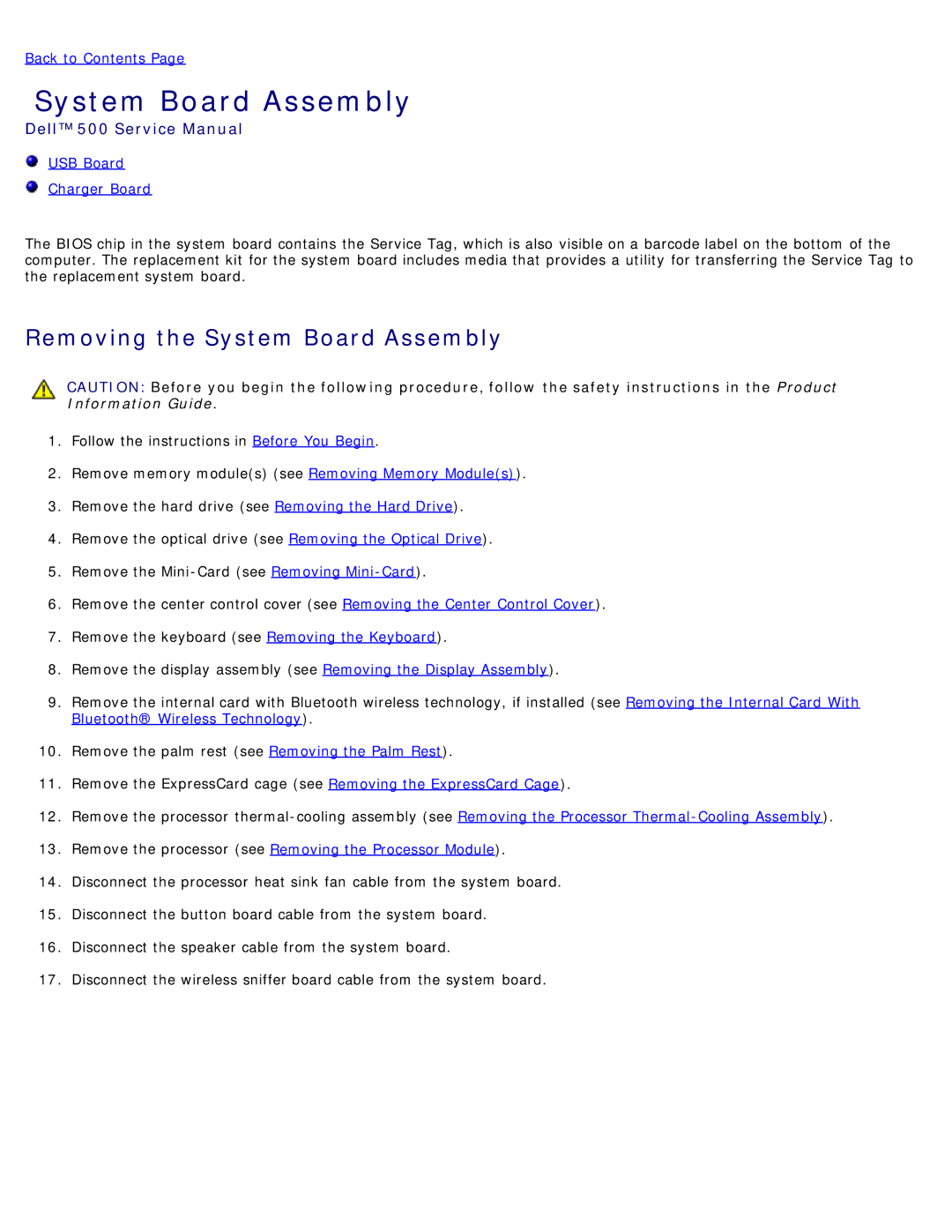 Dell 500 service manual Removing the System Board Assembly 