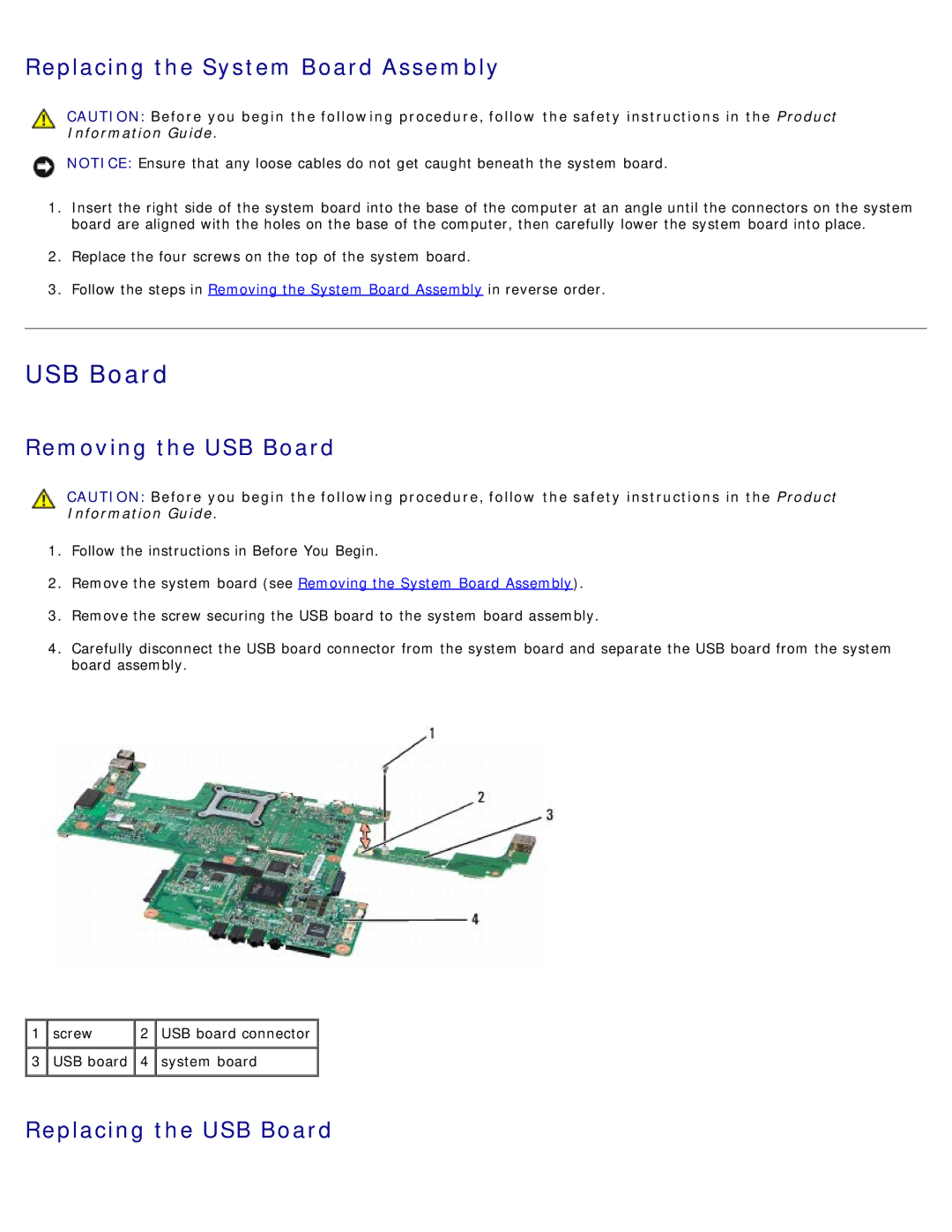 Dell 500 service manual Replacing the System Board Assembly, Removing the USB Board, Replacing the USB Board 