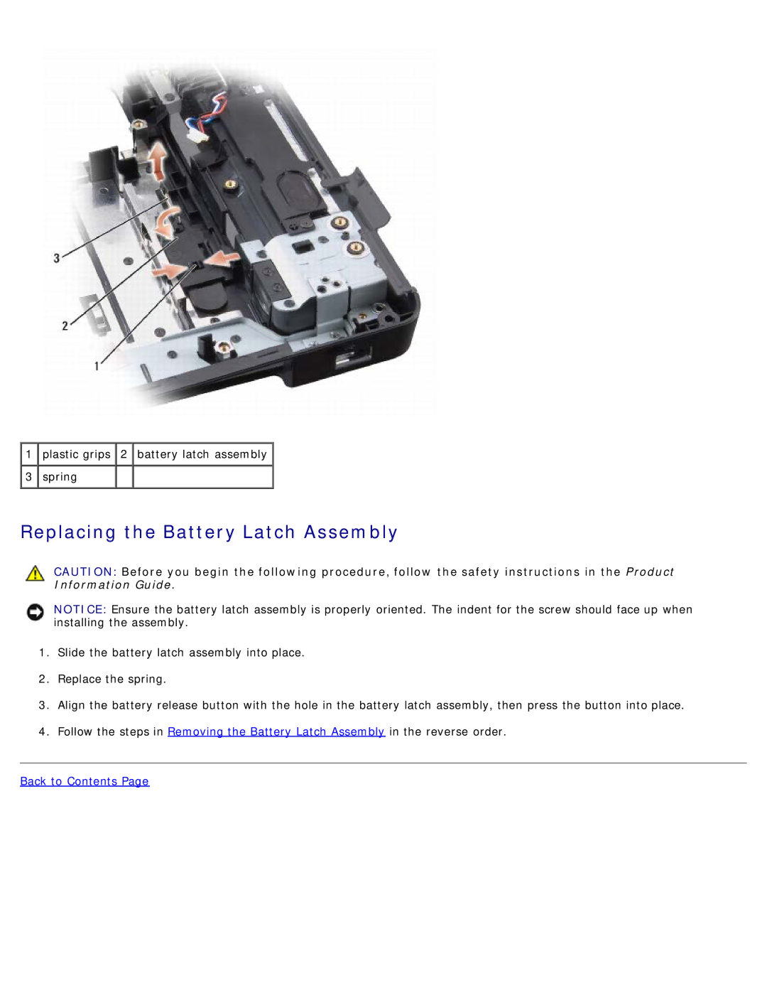 Dell 500 service manual Replacing the Battery Latch Assembly 