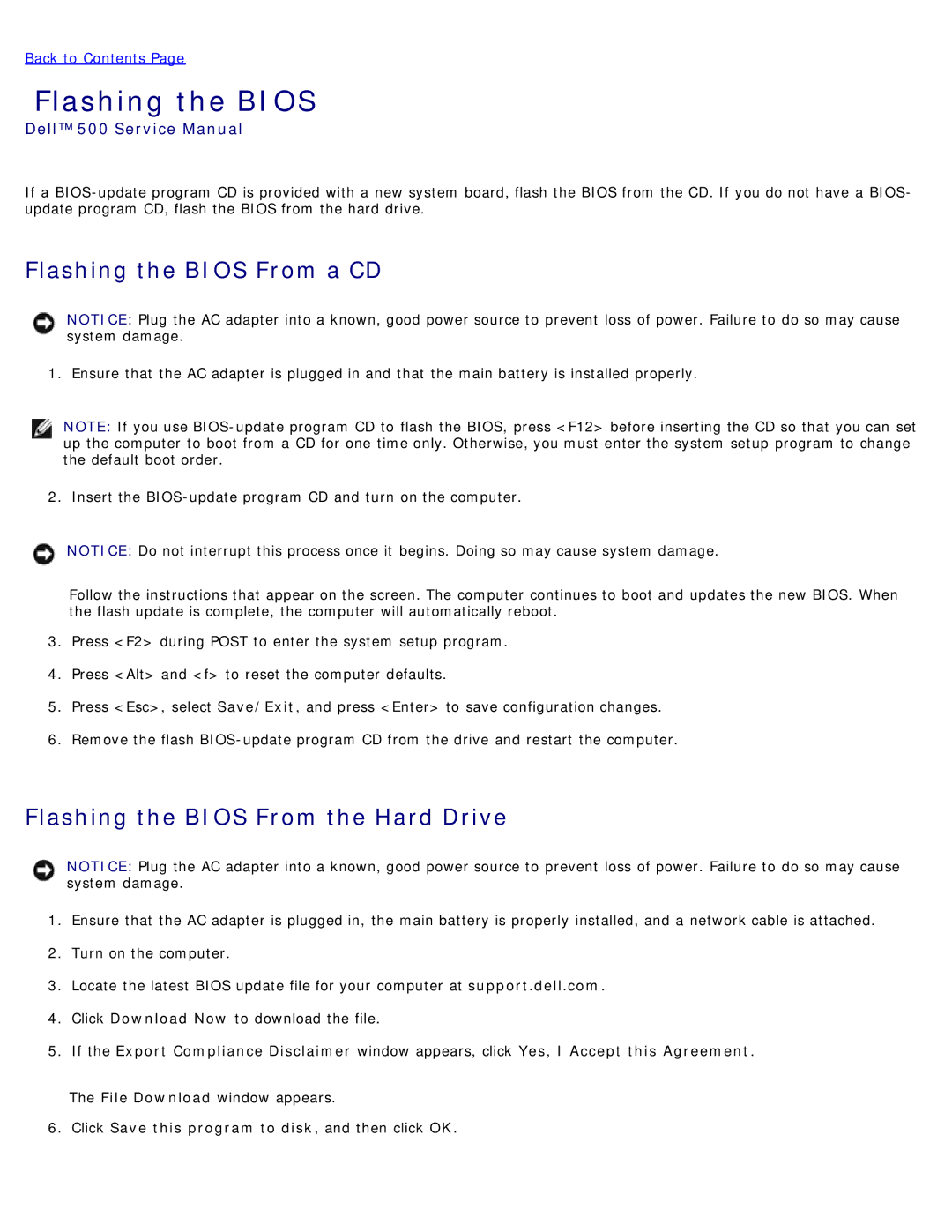 Dell 500 service manual Flashing the Bios From a CD, Flashing the Bios From the Hard Drive 