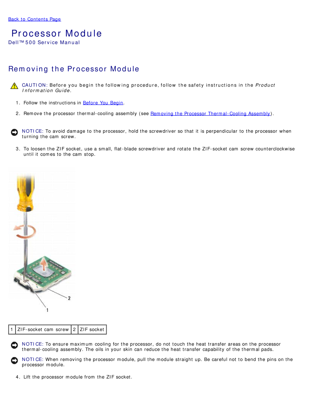 Dell 500 service manual Removing the Processor Module 