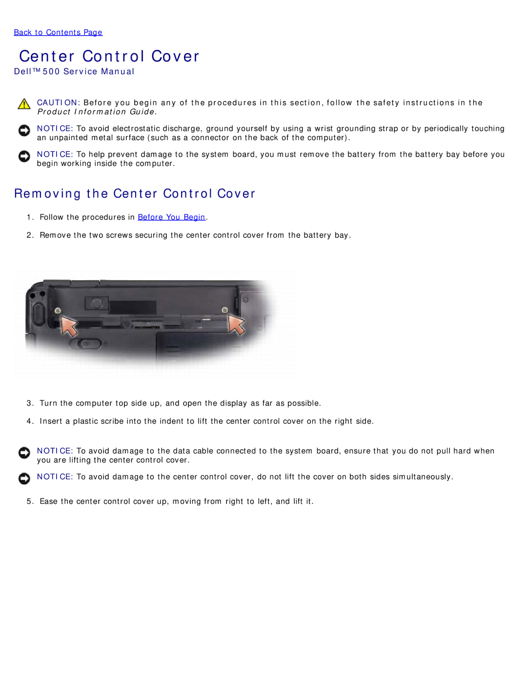 Dell 500 service manual Removing the Center Control Cover 