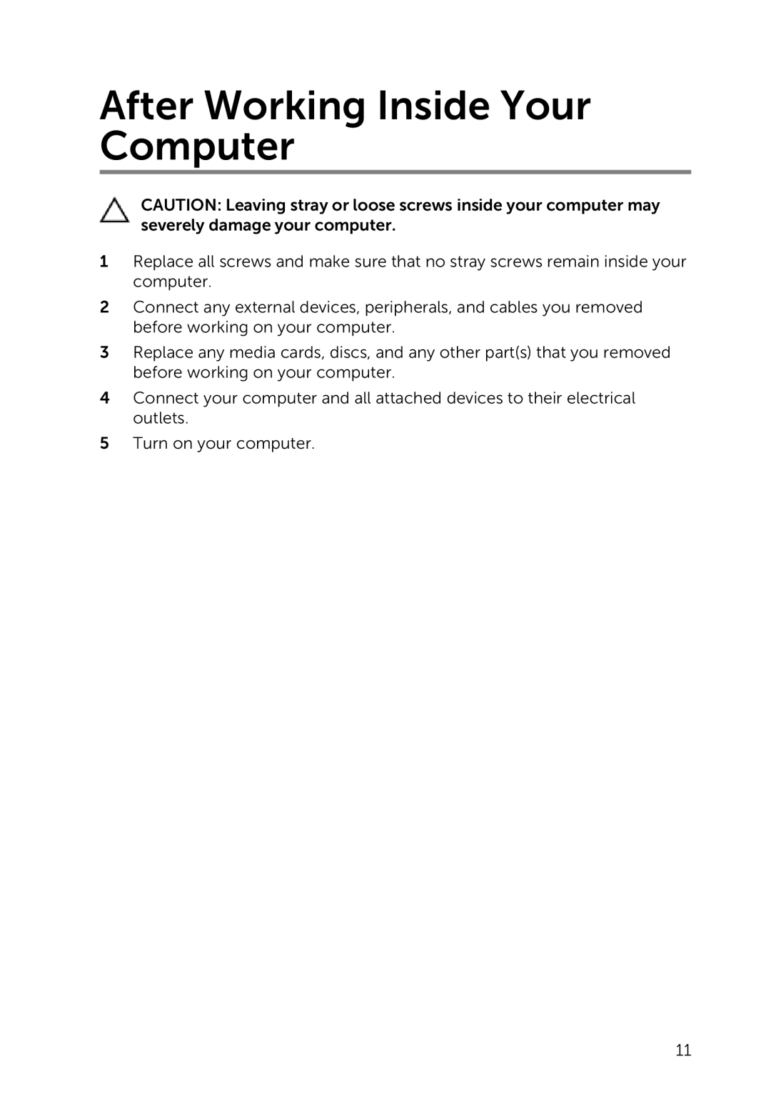 Dell 5000 Series owner manual After Working Inside Your Computer 