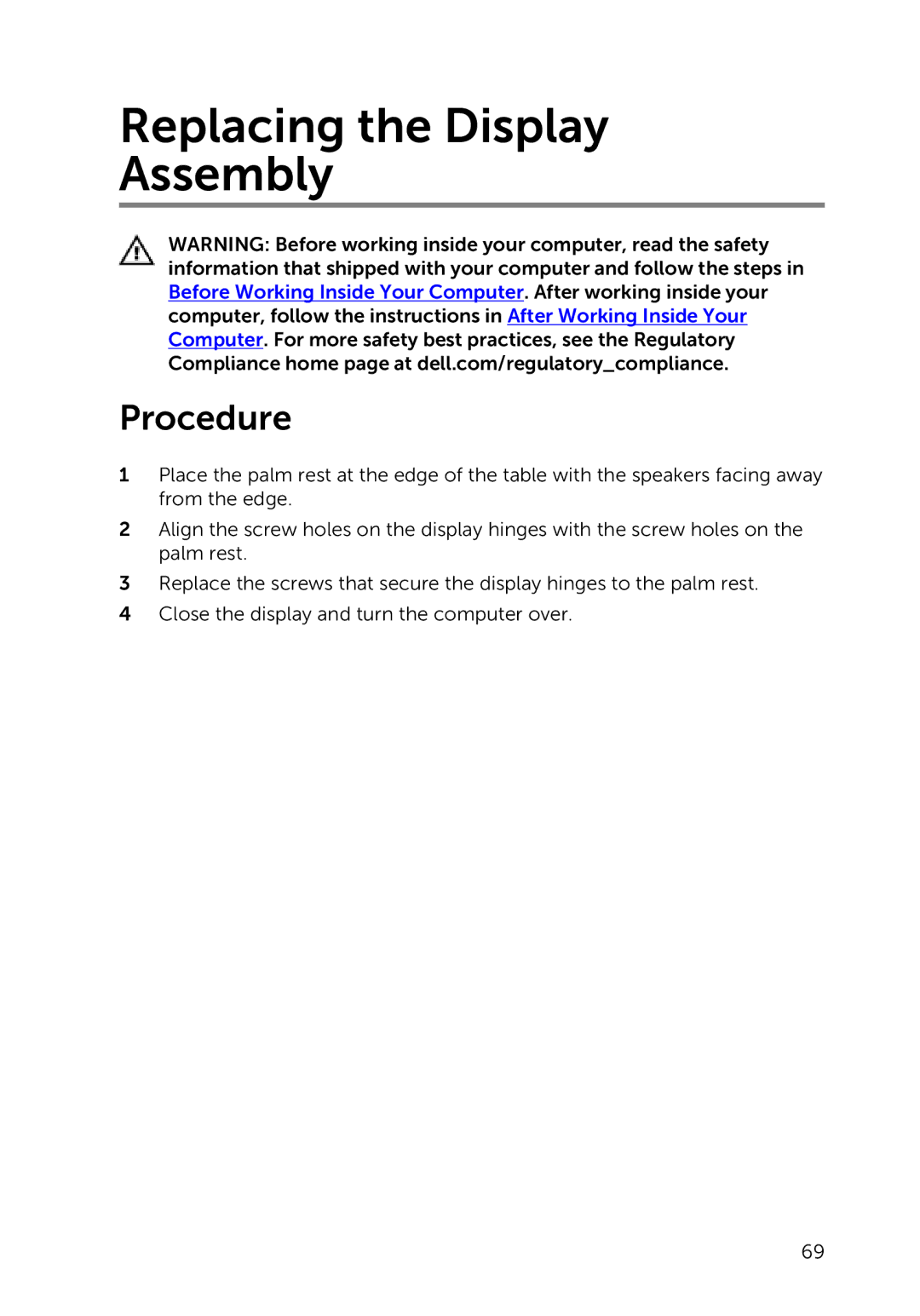 Dell 5000 Series owner manual Replacing the Display Assembly 