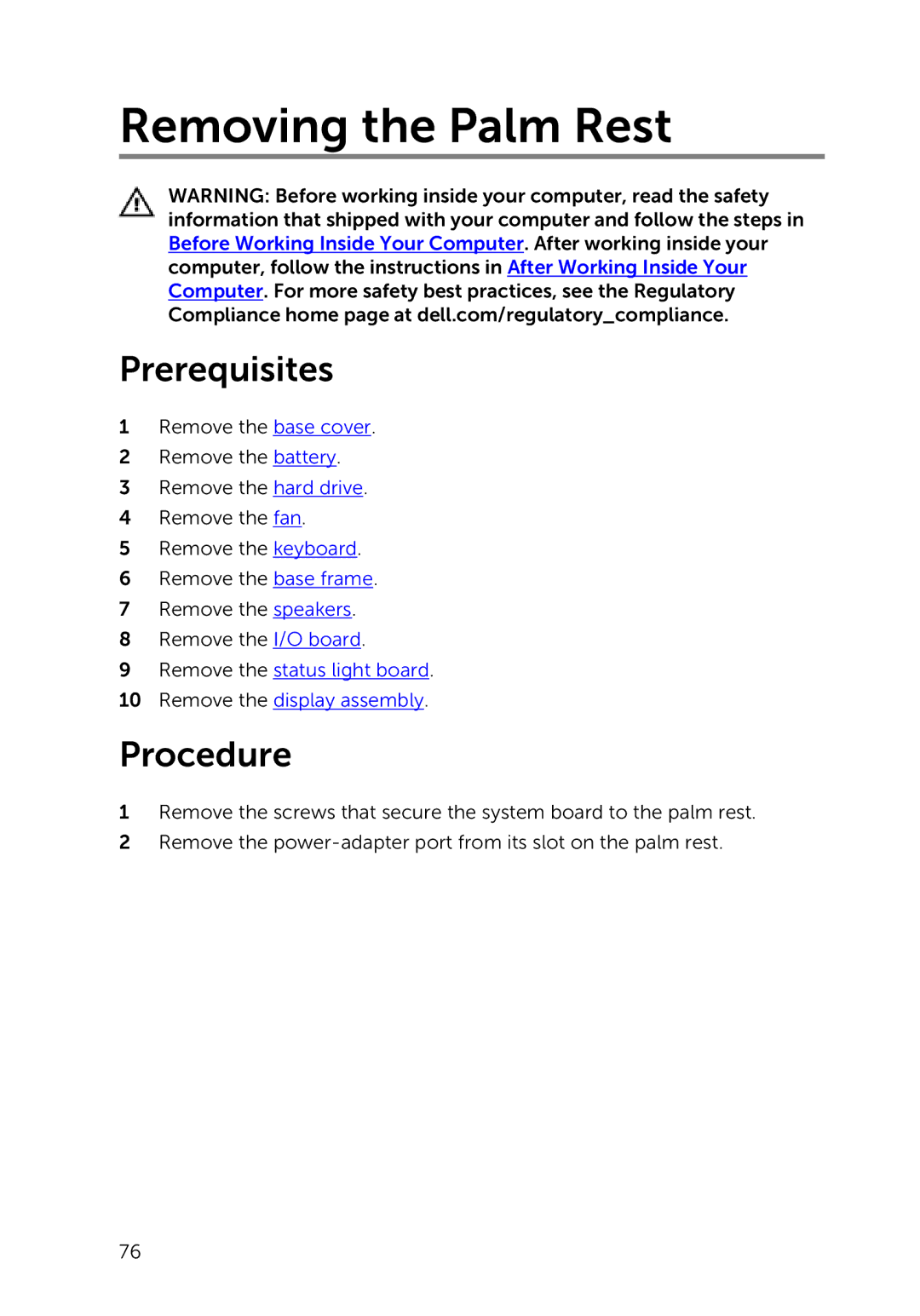 Dell 5000 Series owner manual Removing the Palm Rest 