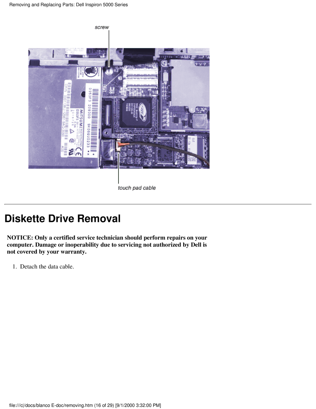 Dell 5000 warranty Diskette Drive Removal, Detach the data cable 