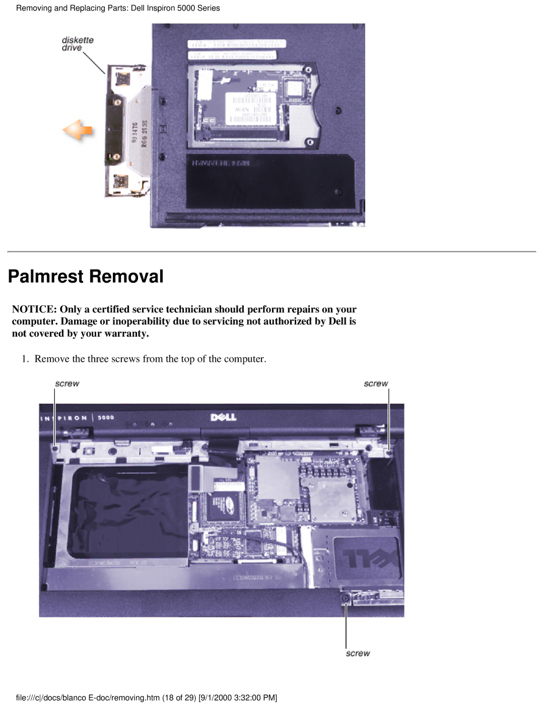 Dell 5000 warranty Palmrest Removal, Remove the three screws from the top of the computer 