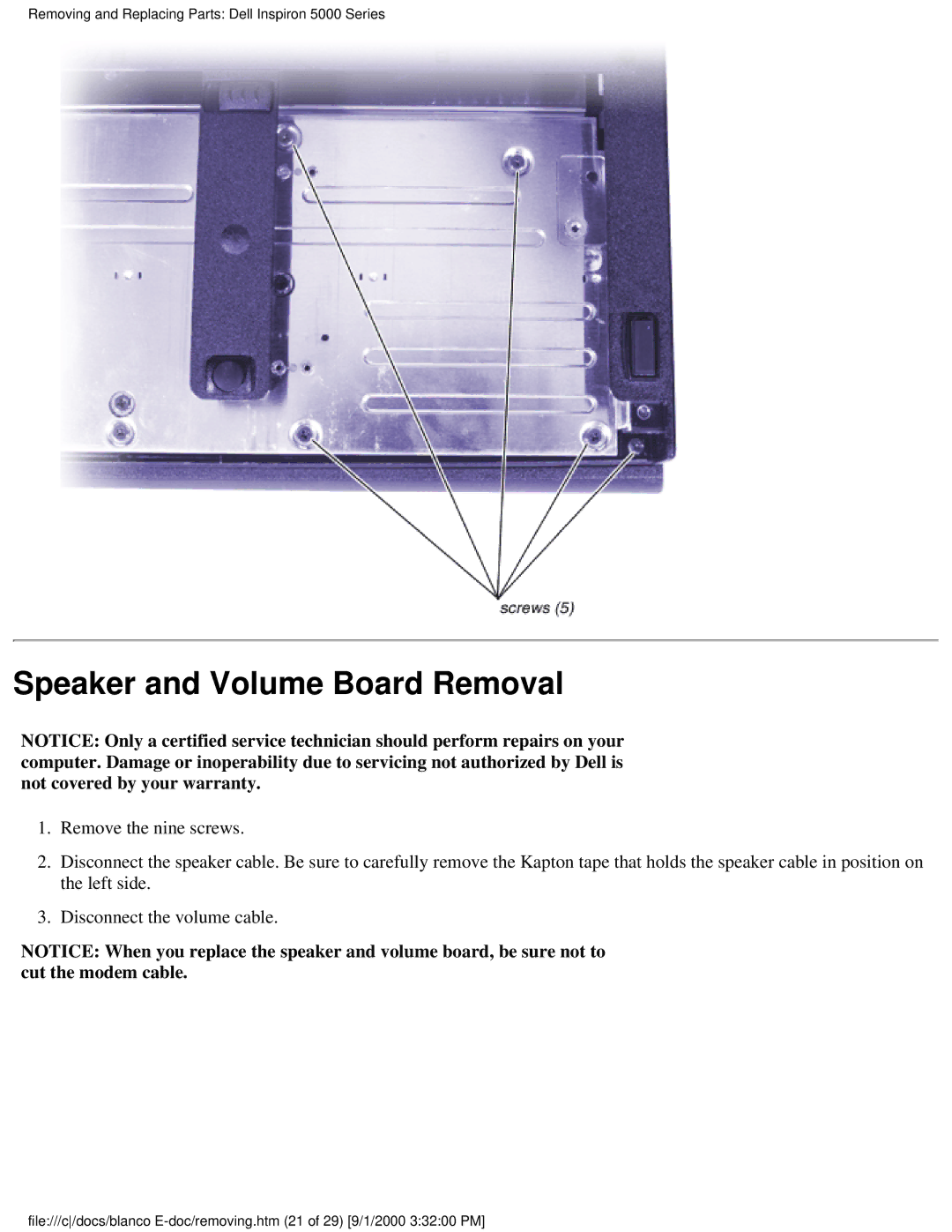 Dell 5000 warranty Speaker and Volume Board Removal 