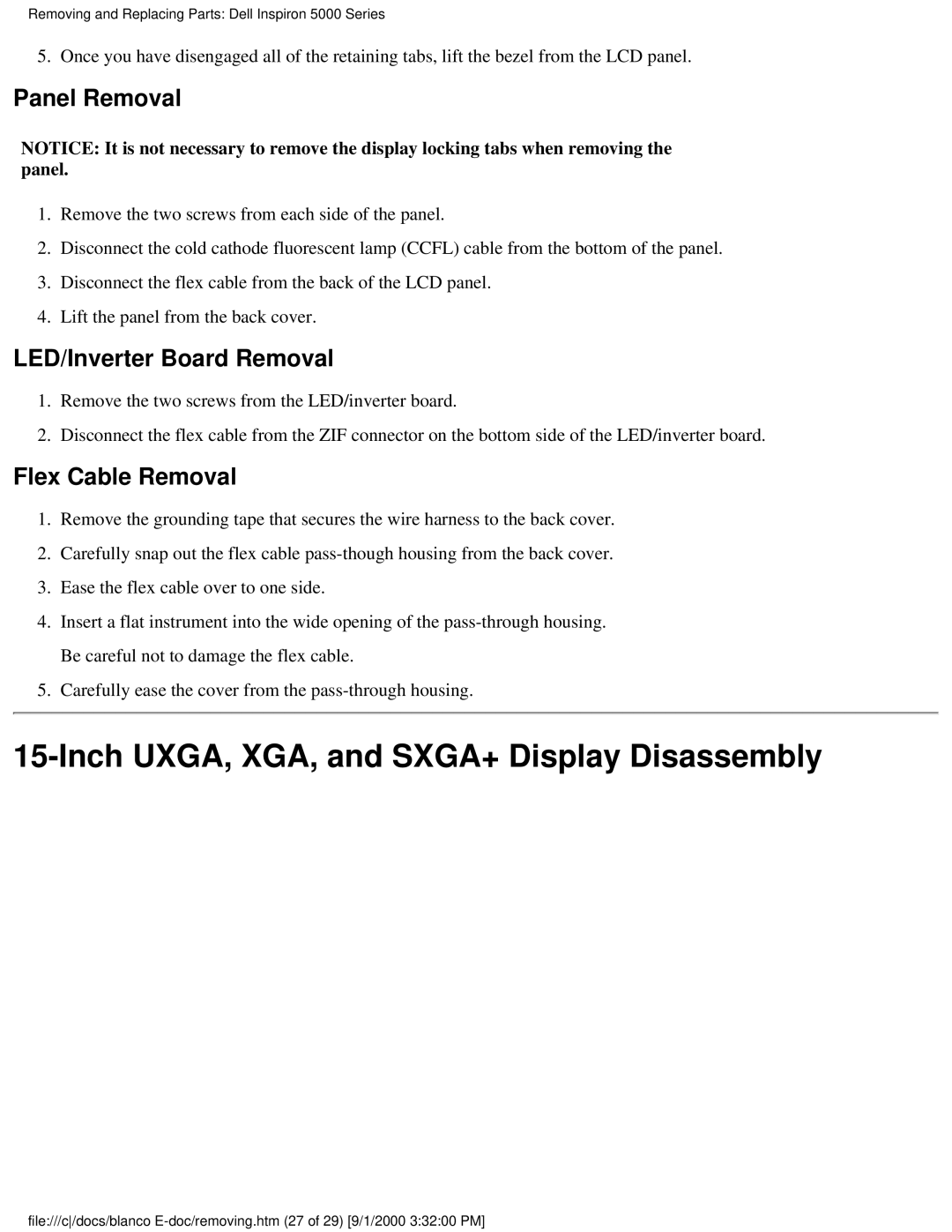 Dell 5000 warranty Inch UXGA, XGA, and SXGA+ Display Disassembly, Panel Removal 