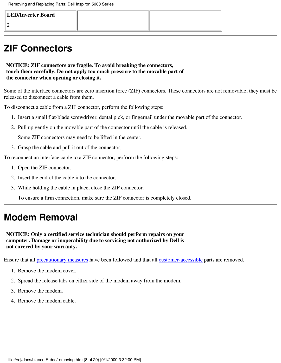 Dell 5000 warranty ZIF Connectors, Modem Removal 