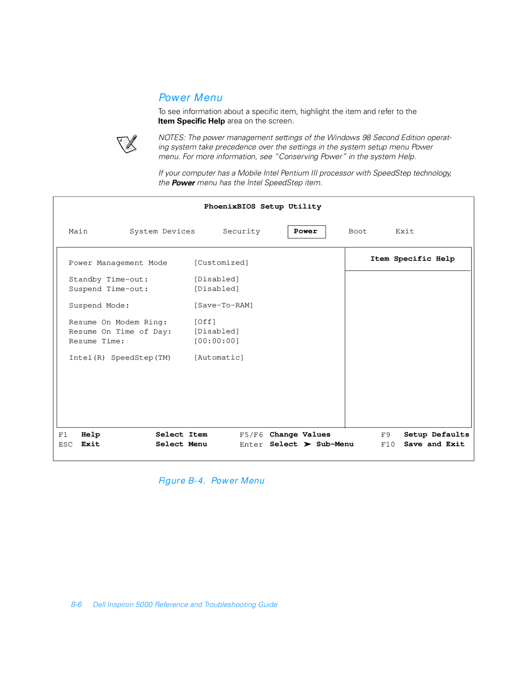 Dell 5000 manual Figure B-4. Power Menu 