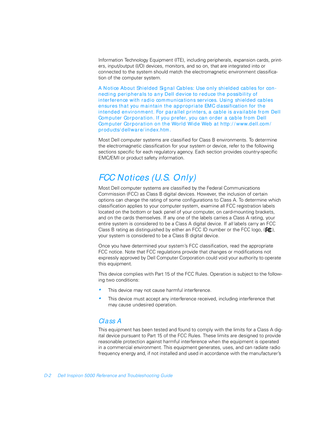 Dell 5000 manual FCC Notices U.S. Only, Class a 