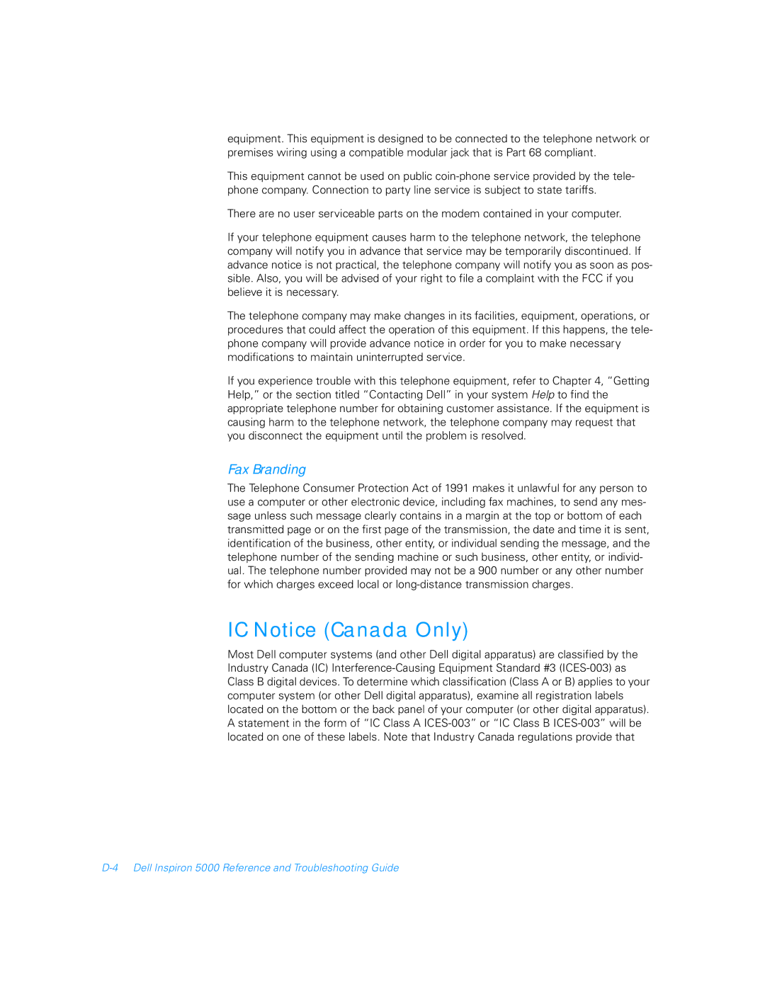Dell 5000 manual IC Notice Canada Only, Fax Branding 
