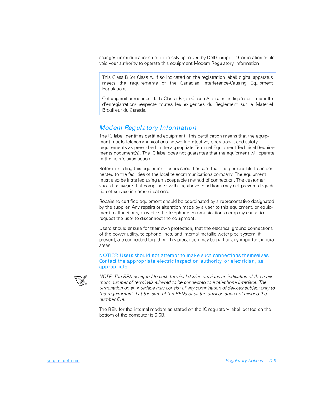 Dell 5000 manual Support.dell.com Regulatory Notices D-5 