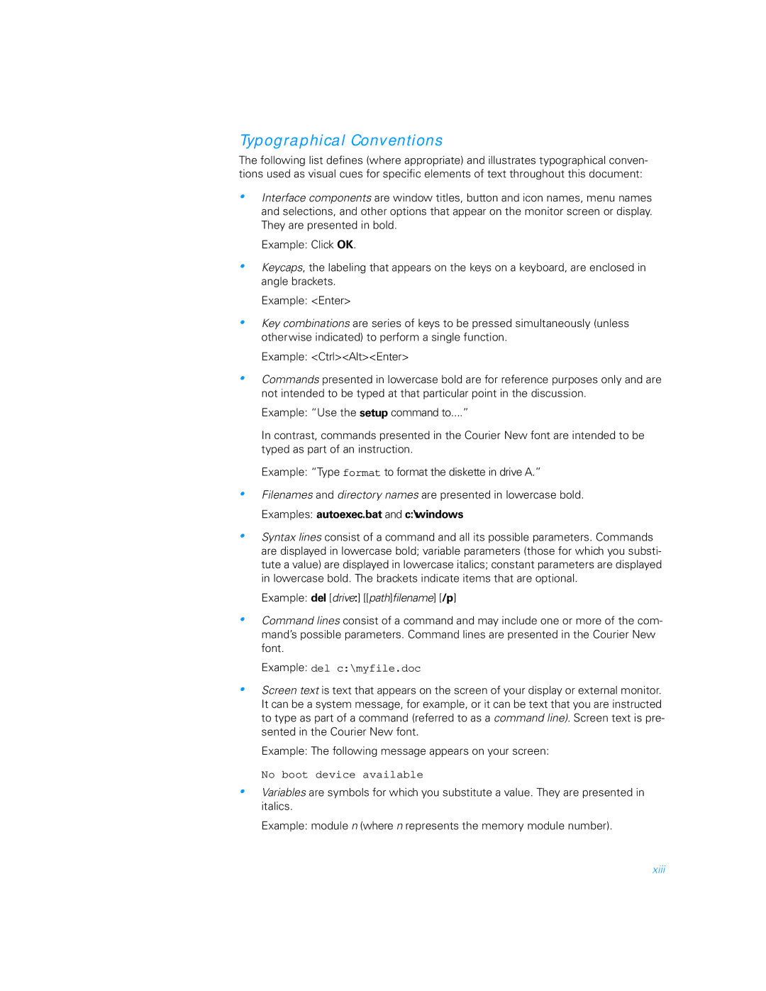 Dell 5000 manual Typographical Conventions, Examples autoexec.bat and c\windows 