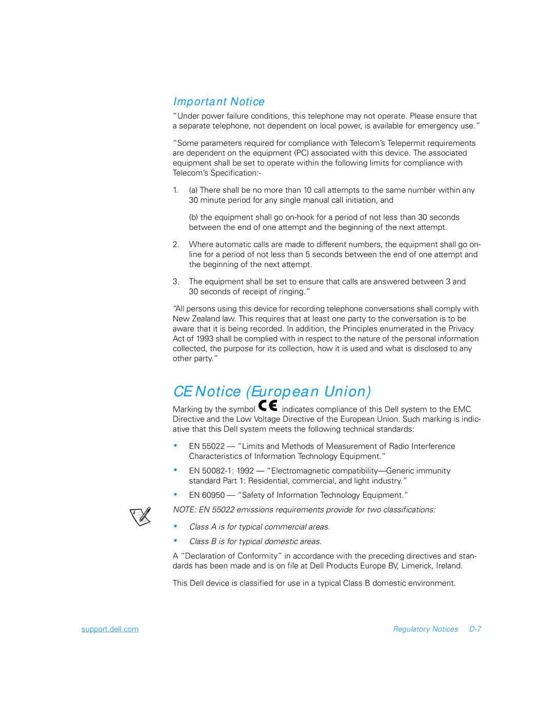 Dell 5000 manual CE Notice European Union, Important Notice 