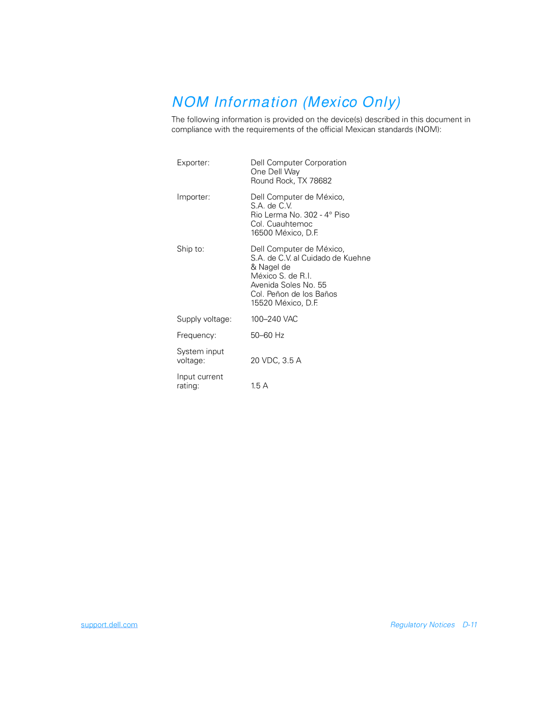 Dell 5000 manual NOM Information Mexico Only 