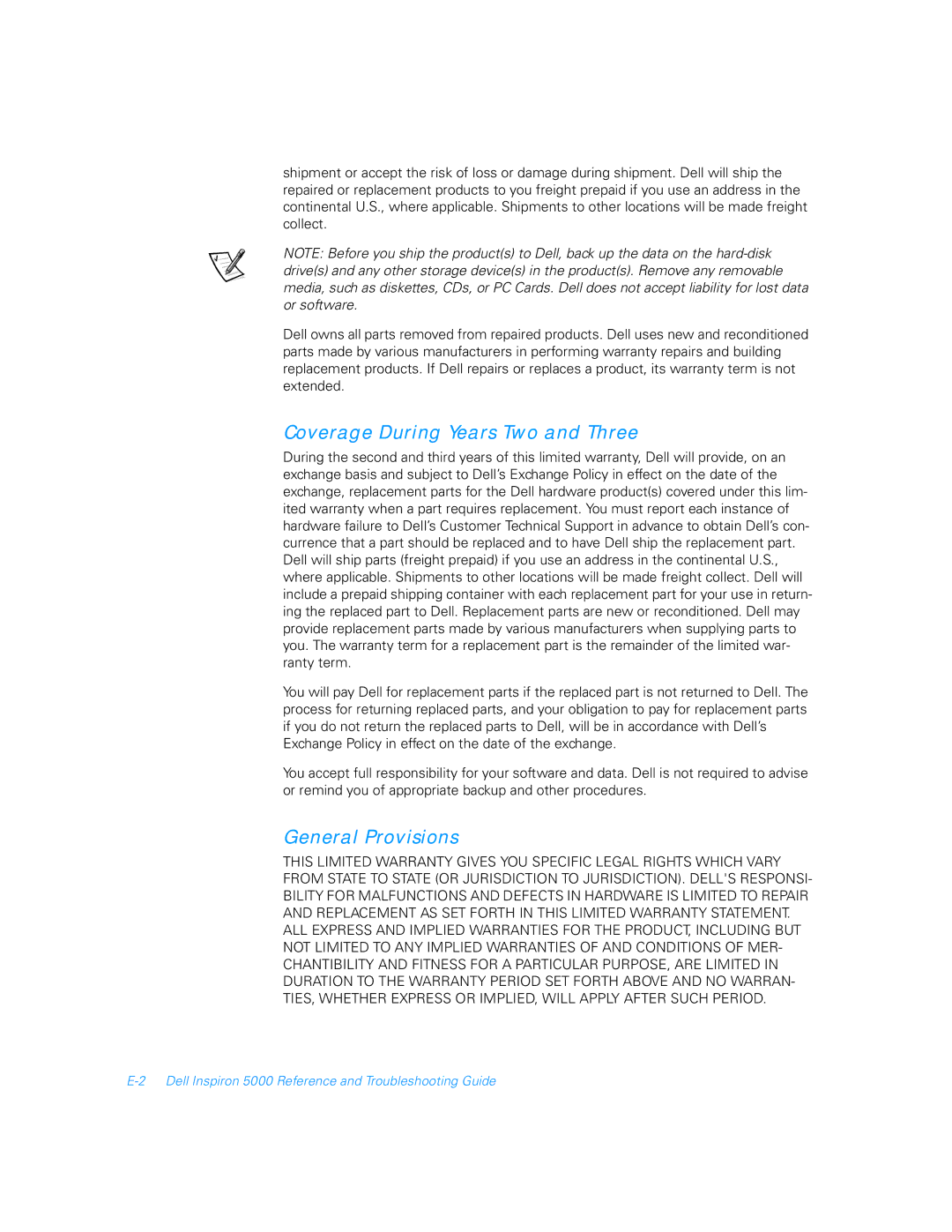 Dell 5000 manual Coverage During Years Two and Three, General Provisions 