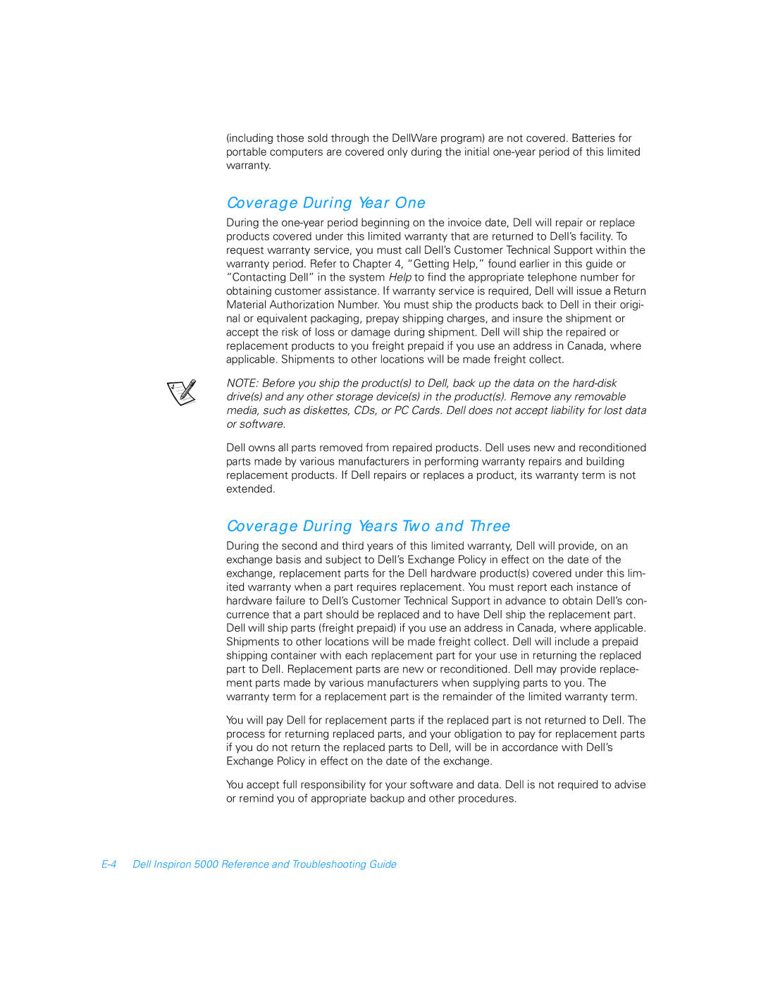 Dell 5000 manual Coverage During Year One 