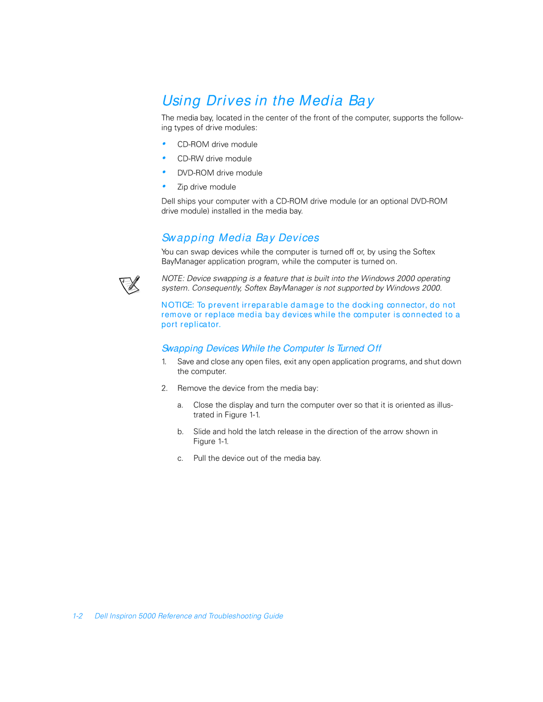 Dell 5000 manual Using Drives in the Media Bay, Swapping Media Bay Devices 