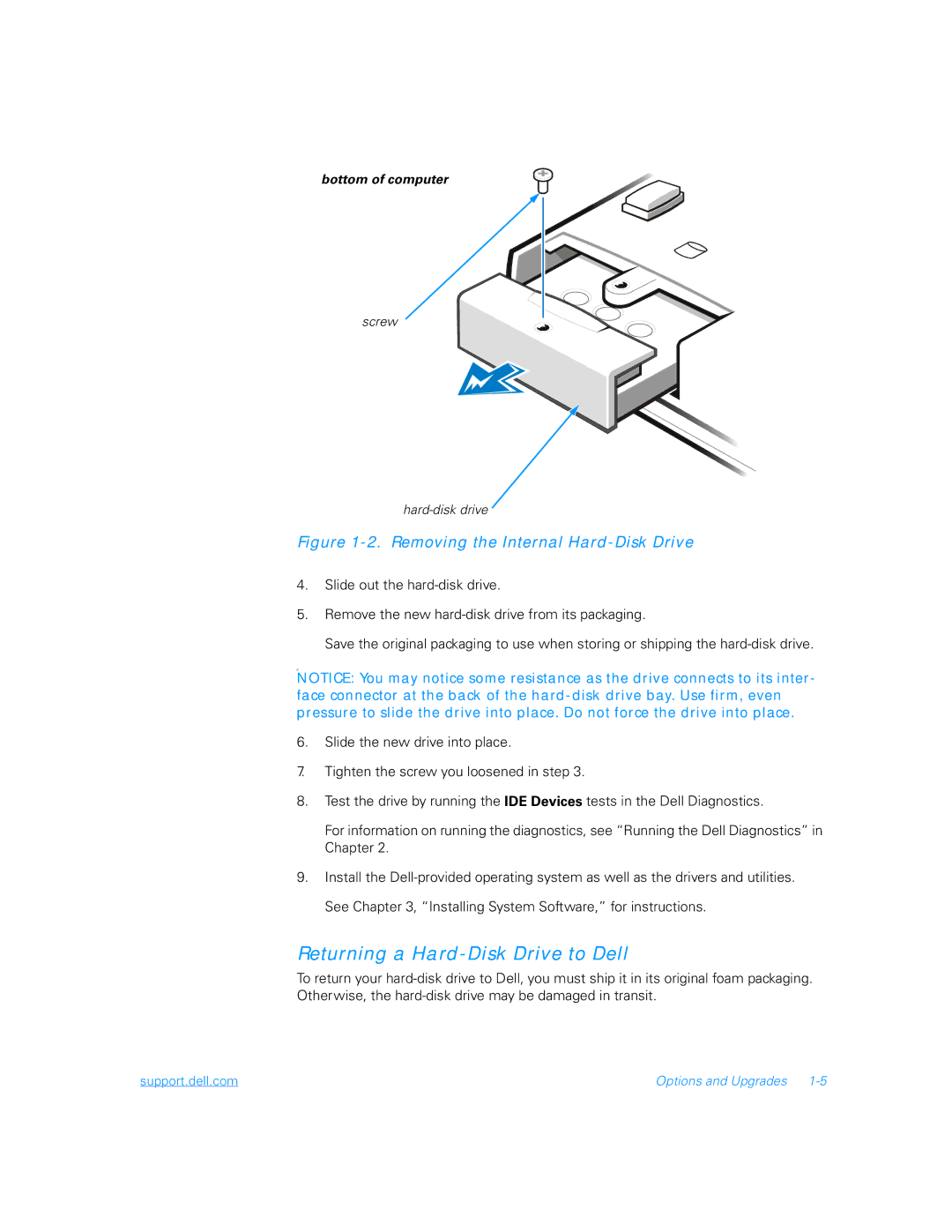 Dell 5000 manual Returning a Hard-Disk Drive to Dell, Removing the Internal Hard-Disk Drive 