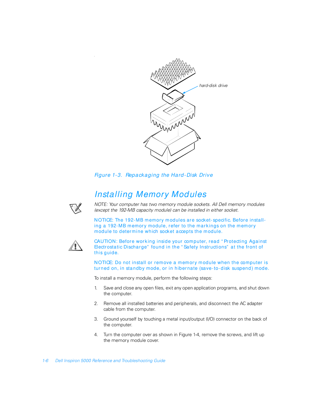 Dell 5000 manual Installing Memory Modules, Repackaging the Hard-Disk Drive 