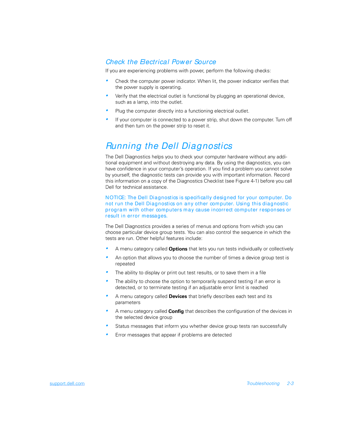 Dell 5000 manual Running the Dell Diagnostics, Check the Electrical Power Source 