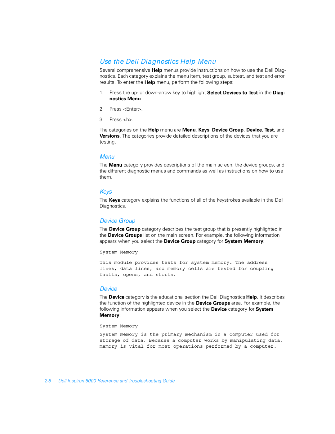 Dell 5000 manual Use the Dell Diagnostics Help Menu, Memory 