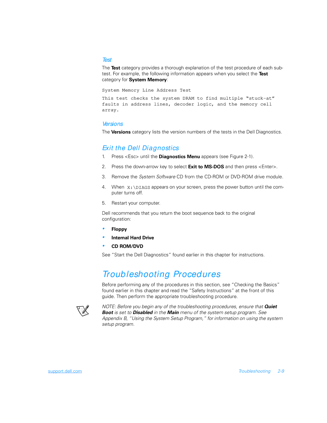 Dell 5000 manual Troubleshooting Procedures, Exit the Dell Diagnostics 