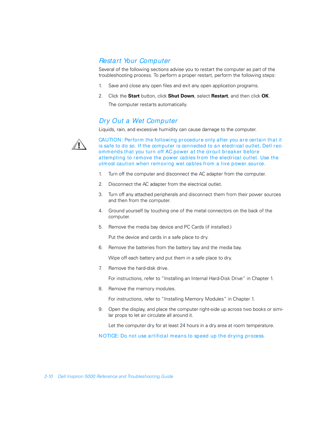 Dell 5000 manual Restart Your Computer, Dry Out a Wet Computer 