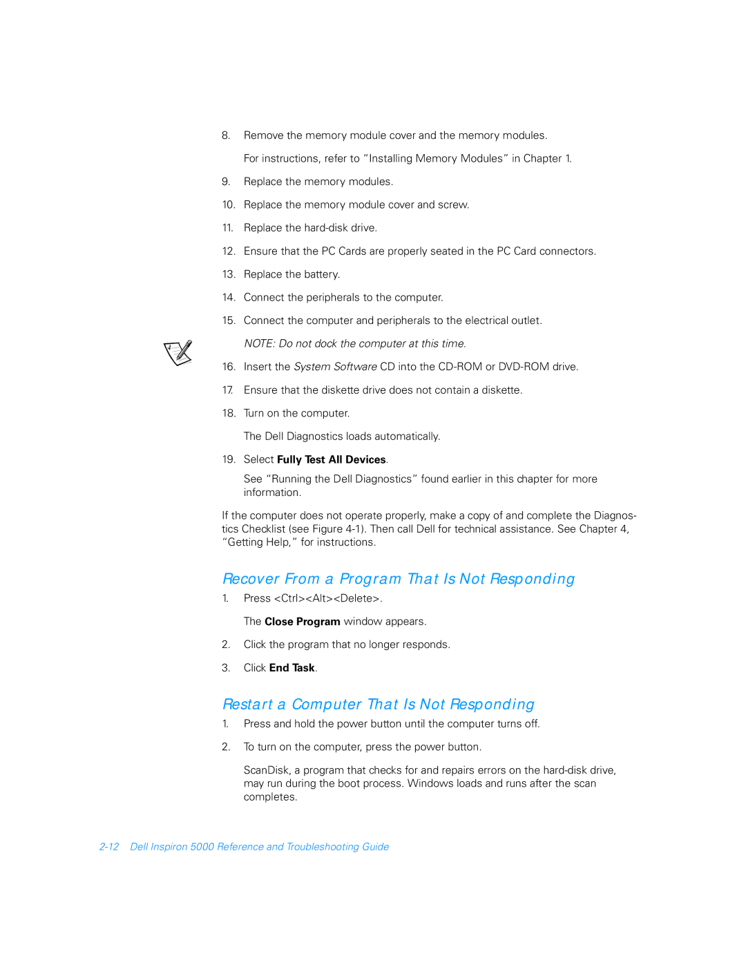 Dell 5000 manual Recover From a Program That Is Not Responding, Restart a Computer That Is Not Responding, Click End Task 